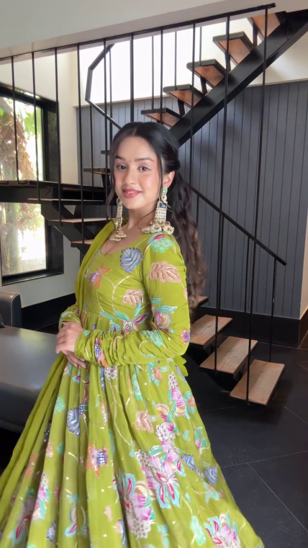 Olive Green Floral Embroidered Anarkali Suit with Dupatta Featuring Intricate Sequin Work and Full Flared Design for Festive and Wedding Wear - Image 3