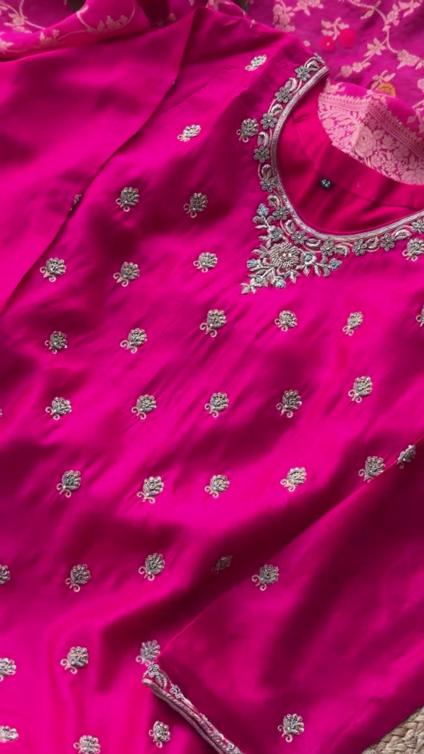 Silk Suit Set with Intricate Golden Embroidery, Zari Work Neckline, and Rich Banarasi Brocade Dupatta In Multi Shades for Festive and Wedding Wear