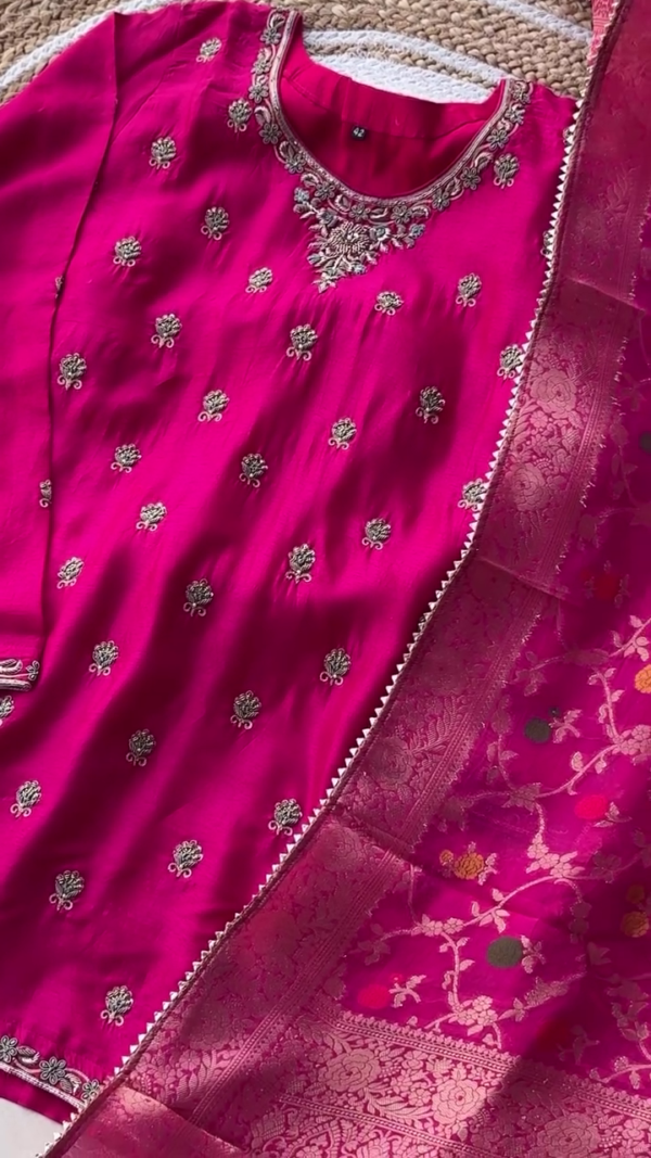 Silk Suit Set with Intricate Golden Embroidery, Zari Work Neckline, and Rich Banarasi Brocade Dupatta In Multi Shades for Festive and Wedding Wear - Image 2