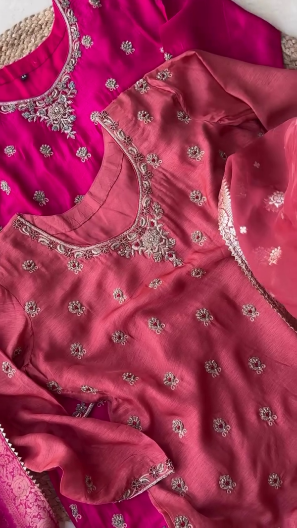 Silk Suit Set with Intricate Golden Embroidery, Zari Work Neckline, and Rich Banarasi Brocade Dupatta In Multi Shades for Festive and Wedding Wear - Image 3