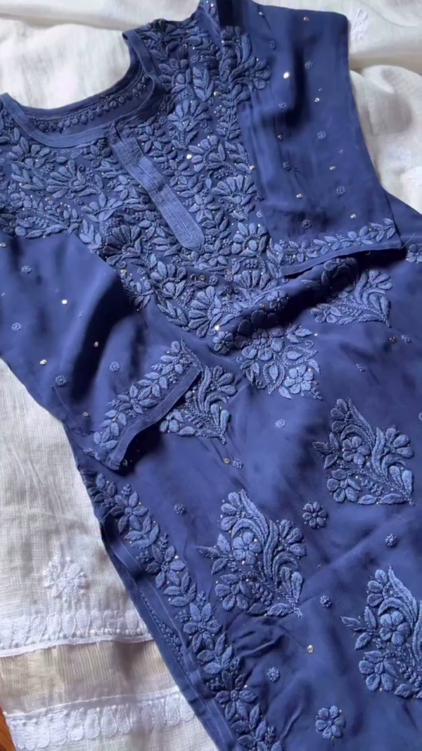 Navy Blue and Sky Blue Pure Cotton Chikankari Kurti Set with Intricate Hand Embroidery and Subtle Sequin Detailing for Festive and Ethnic Occasions