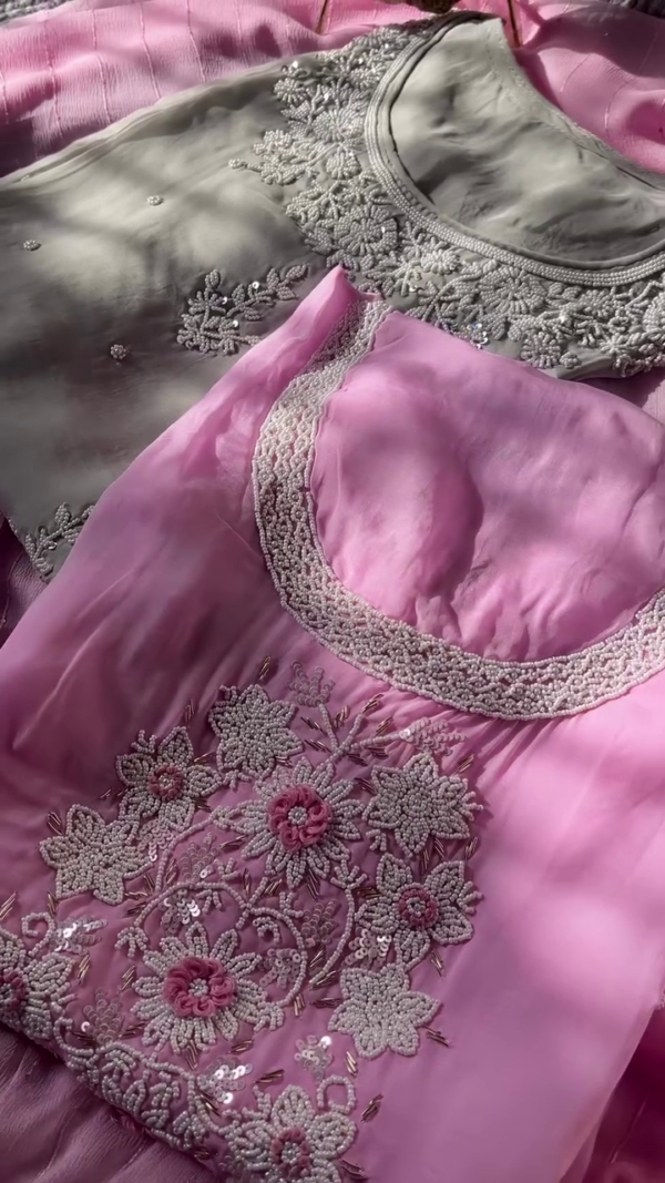 Soft Pink and Grey Designer Suit Set Featuring Intricately Hand-Embroidered Floral Pearl Work, Delicate Sequin Detailing, Graceful Lace Accents, and Matching Pearl Tassel Embellishments for a Refined Ethnic Look
