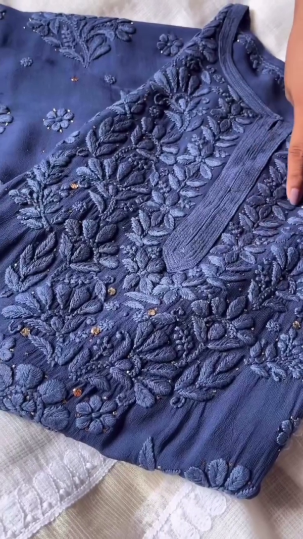 Navy Blue and Sky Blue Pure Cotton Chikankari Kurti Set with Intricate Hand Embroidery and Subtle Sequin Detailing for Festive and Ethnic Occasions - Image 2