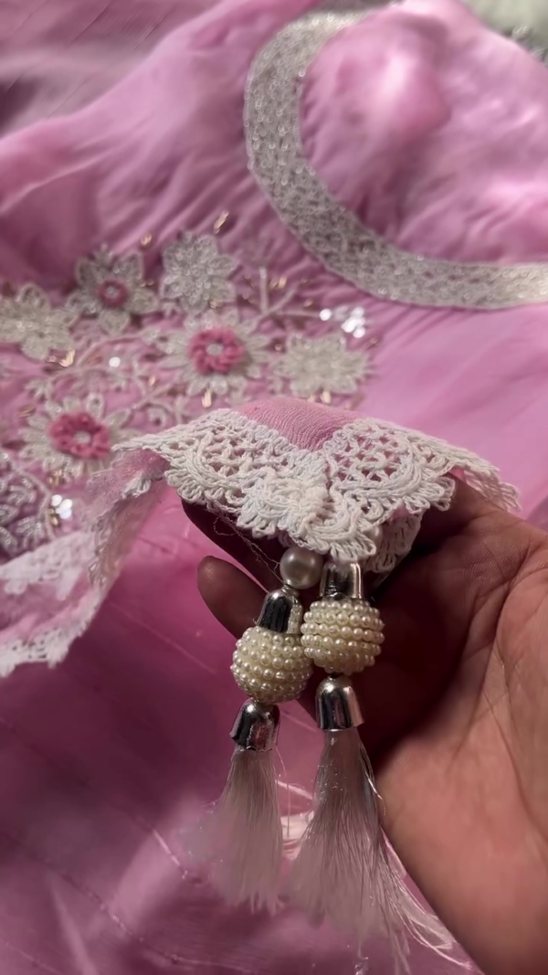 Soft Pink and Grey Designer Suit Set Featuring Intricately Hand-Embroidered Floral Pearl Work, Delicate Sequin Detailing, Graceful Lace Accents, and Matching Pearl Tassel Embellishments for a Refined Ethnic Look - Image 2