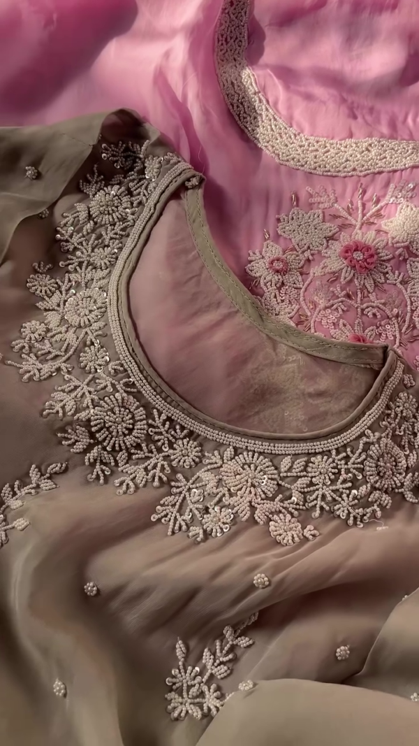Soft Pink and Grey Designer Suit Set Featuring Intricately Hand-Embroidered Floral Pearl Work, Delicate Sequin Detailing, Graceful Lace Accents, and Matching Pearl Tassel Embellishments for a Refined Ethnic Look - Image 3