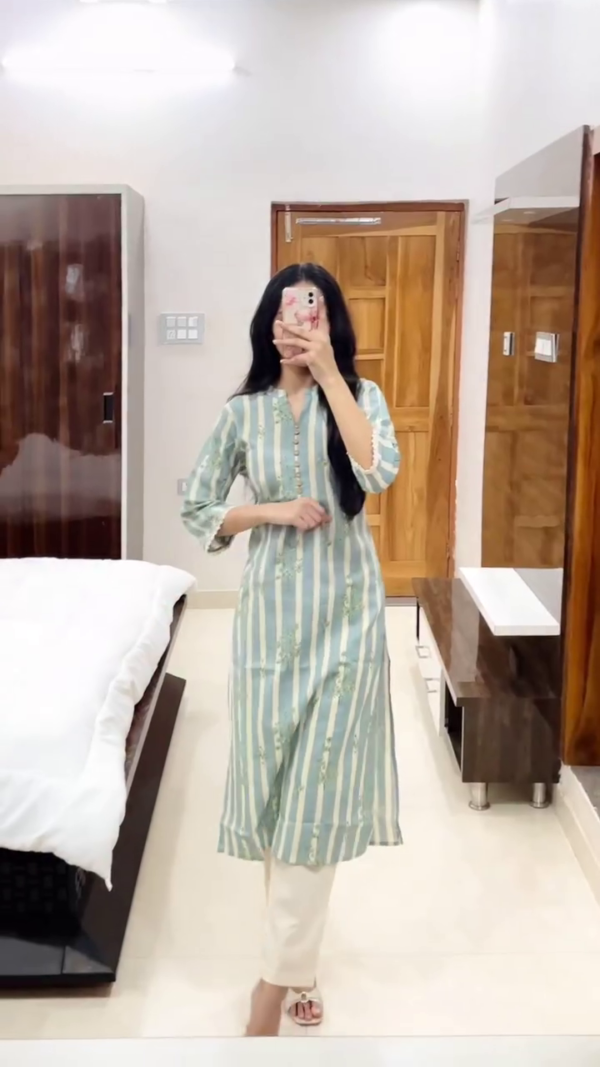 Casual Wear Straight Kurtis Combo Featuring Mint Green Striped Design, Floral Printed Pastel Green Kurti, and Ombre Blue-Pink Printed Kurti with 3/4th Sleeves and Matching Pants – Perfect for Everyday Ethnic Style