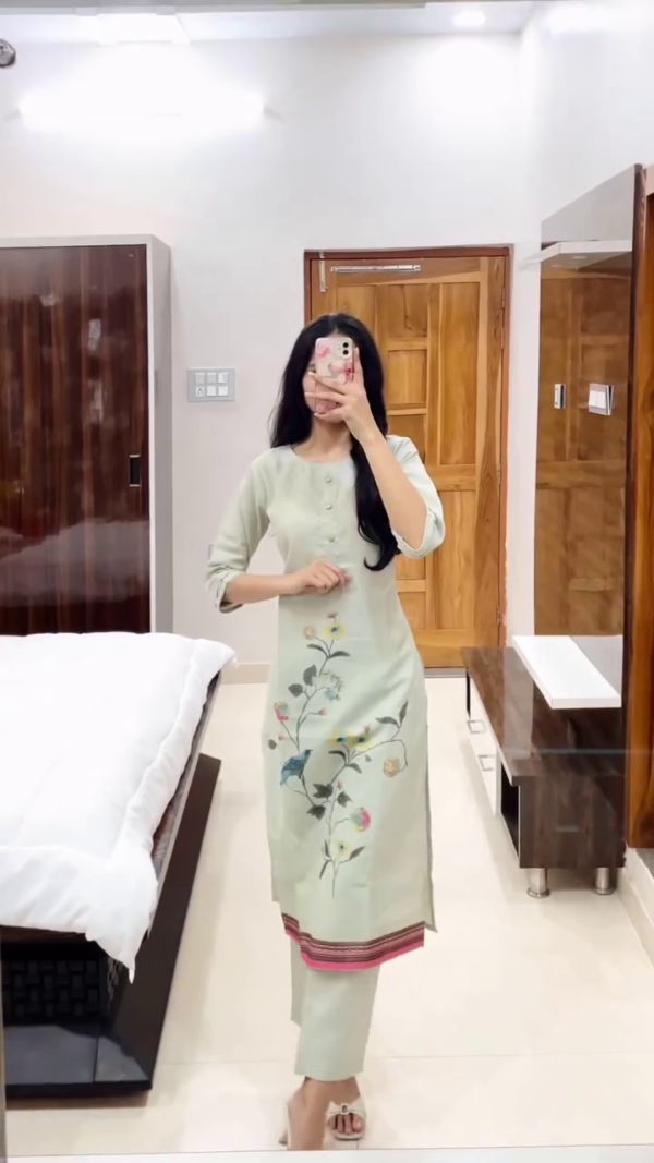 Casual Wear Straight Kurtis Combo Featuring Mint Green Striped Design, Floral Printed Pastel Green Kurti, and Ombre Blue-Pink Printed Kurti with 3/4th Sleeves and Matching Pants – Perfect for Everyday Ethnic Style - Image 2