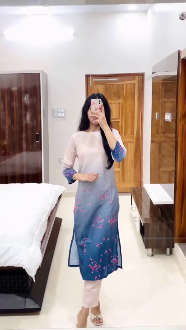 Casual Wear Straight Kurtis Combo Featuring Mint Green Striped Design, Floral Printed Pastel Green Kurti, and Ombre Blue-Pink Printed Kurti with 3/4th Sleeves and Matching Pants – Perfect for Everyday Ethnic Style - Image 3