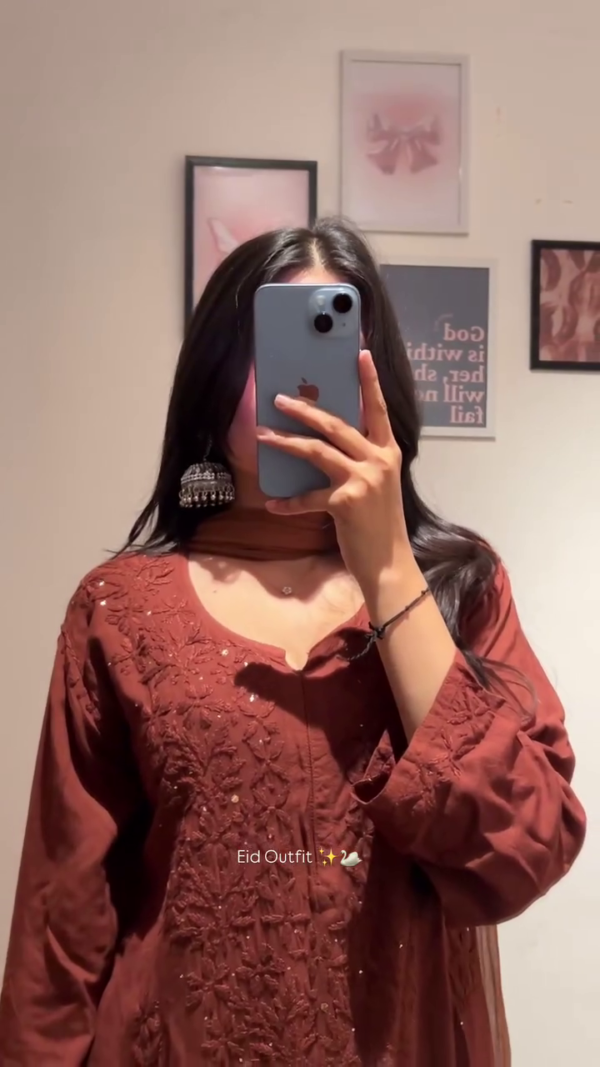 Brown Embroidered Straight-Cut Kurta with Intricate Thread Work, Subtle Sequin Detailing, and Matching Dupatta – Perfect Ethnic Festive Wear for Eid and Celebrations