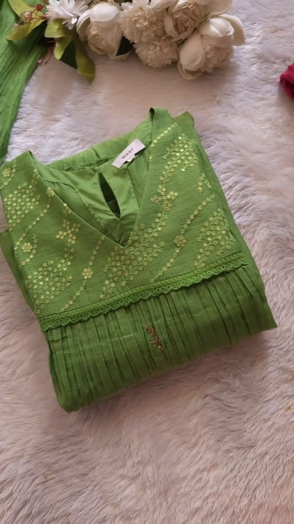 Handcrafted Cotton Anarkali Kurta with Delicate Gold Thread Embroidery, Pintuck Detailing on Sleeves, Lace Edges, and Matching Dupatta – Perfect for Festive and Ethnic Occasions
