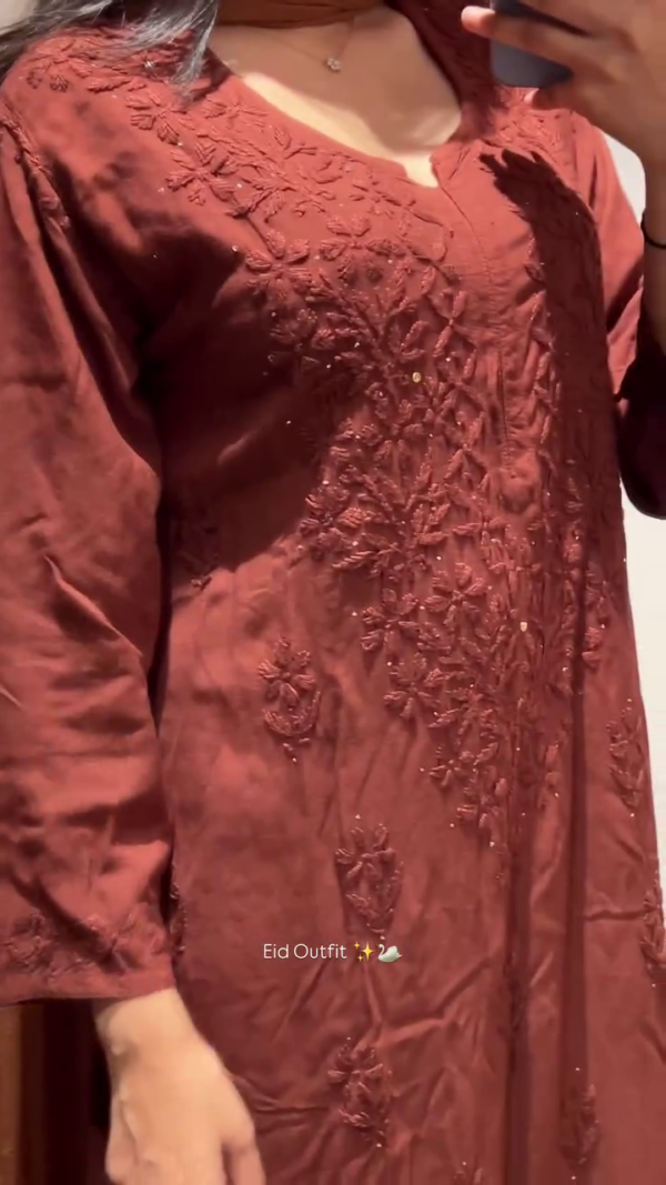 Brown Embroidered Straight-Cut Kurta with Intricate Thread Work, Subtle Sequin Detailing, and Matching Dupatta – Perfect Ethnic Festive Wear for Eid and Celebrations - Image 2