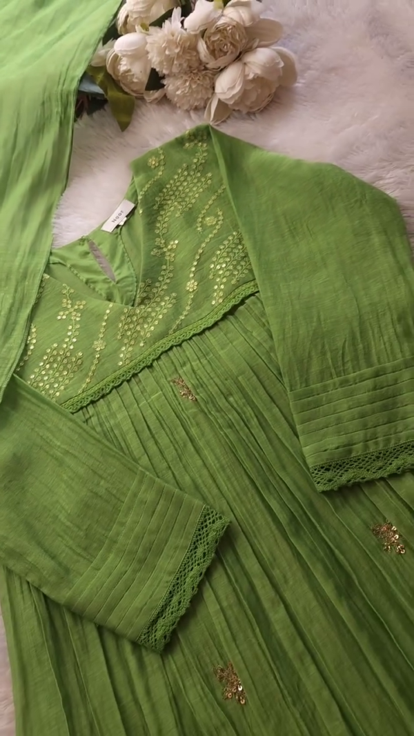 Handcrafted Cotton Anarkali Kurta with Delicate Gold Thread Embroidery, Pintuck Detailing on Sleeves, Lace Edges, and Matching Dupatta – Perfect for Festive and Ethnic Occasions - Image 2