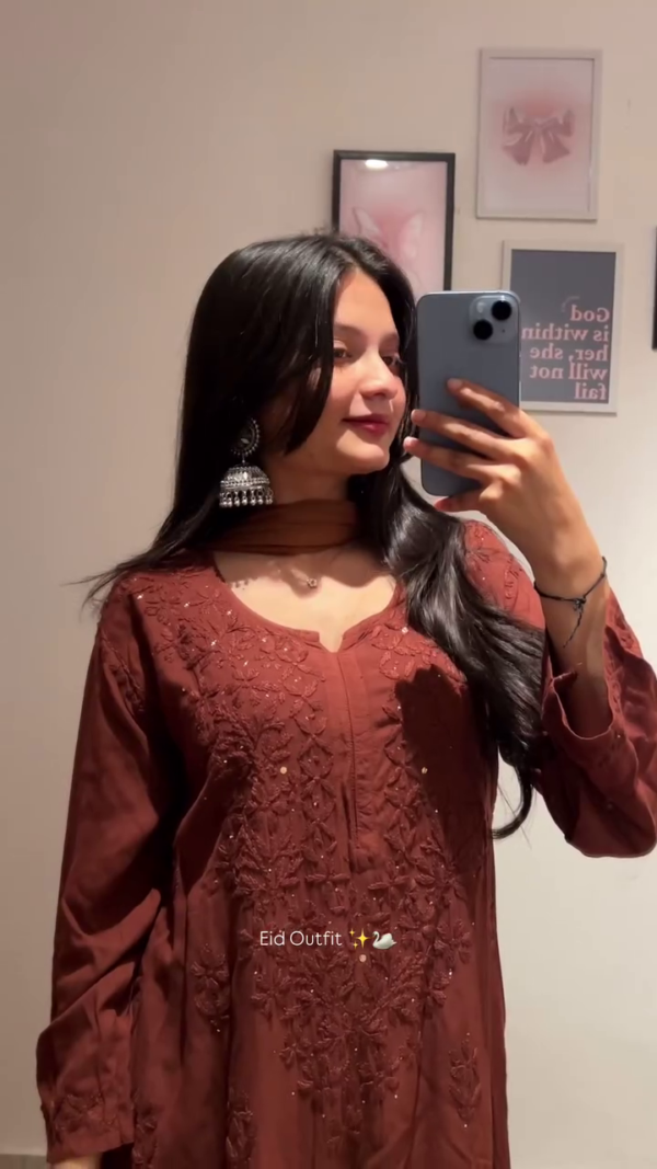 Brown Embroidered Straight-Cut Kurta with Intricate Thread Work, Subtle Sequin Detailing, and Matching Dupatta – Perfect Ethnic Festive Wear for Eid and Celebrations - Image 3
