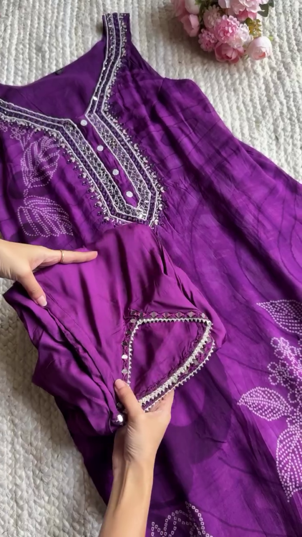 Royal Purple and also green Mirror Work Kurta Set with Gota Detailing and Printed Motifs – Traditional Indian Ethnic Wear for Festive & Party Occasions – Elegant Women’s Straight Suit with Matching Bottoms - Image 3