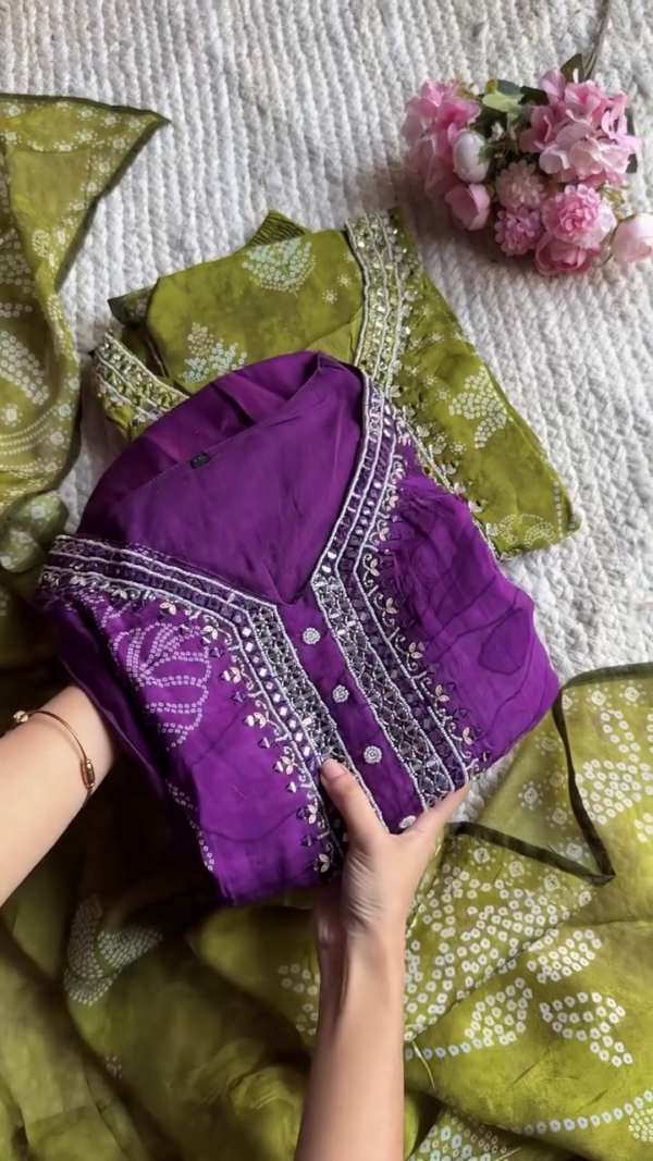 Royal Purple and also green Mirror Work Kurta Set with Gota Detailing and Printed Motifs – Traditional Indian Ethnic Wear for Festive & Party Occasions – Elegant Women’s Straight Suit with Matching Bottoms