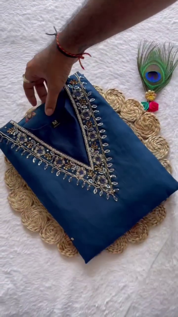 Royal Blue Embroidered Kurta Set with Floral Printed Organza Dupatta – Elegant Festive Ensemble