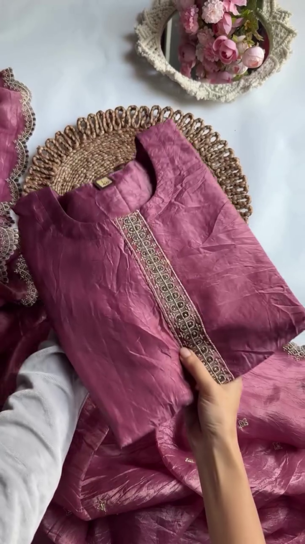 Rich Mauve Silk Kurta Set with Intricate Thread and Sequin Floral Embroidery, Lace Detailing & Matching Dupatta – Elegant Festive and Party Wear Ensemble for Women – Graceful Traditional Ethnic Outfit