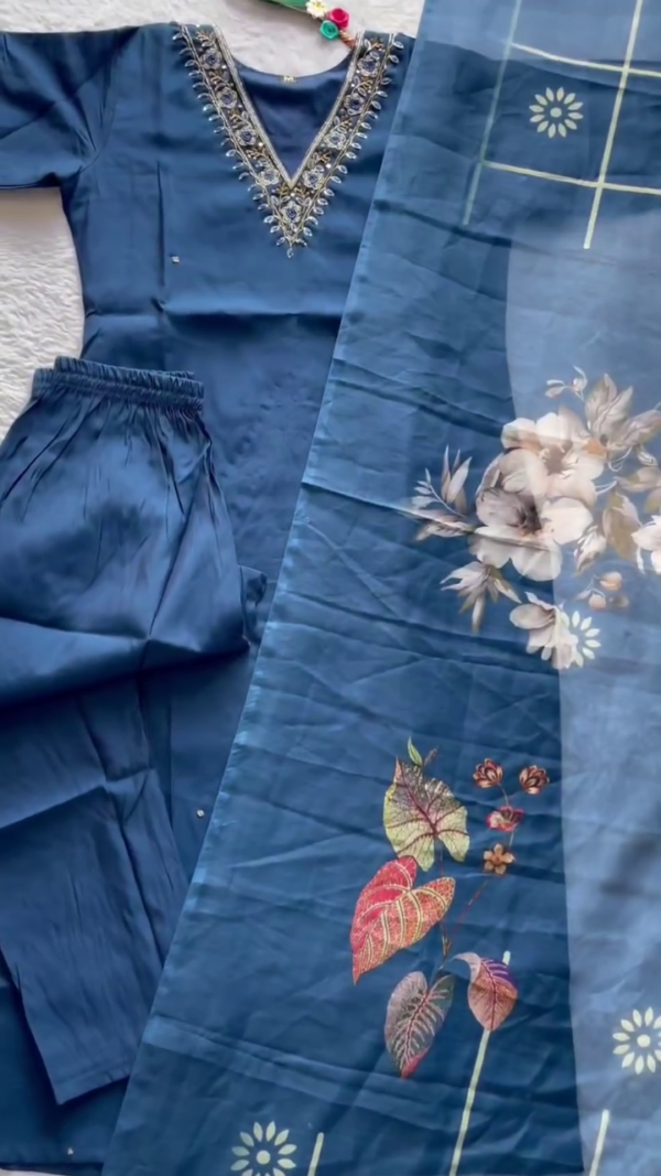 Royal Blue Embroidered Kurta Set with Floral Printed Organza Dupatta – Elegant Festive Ensemble - Image 2