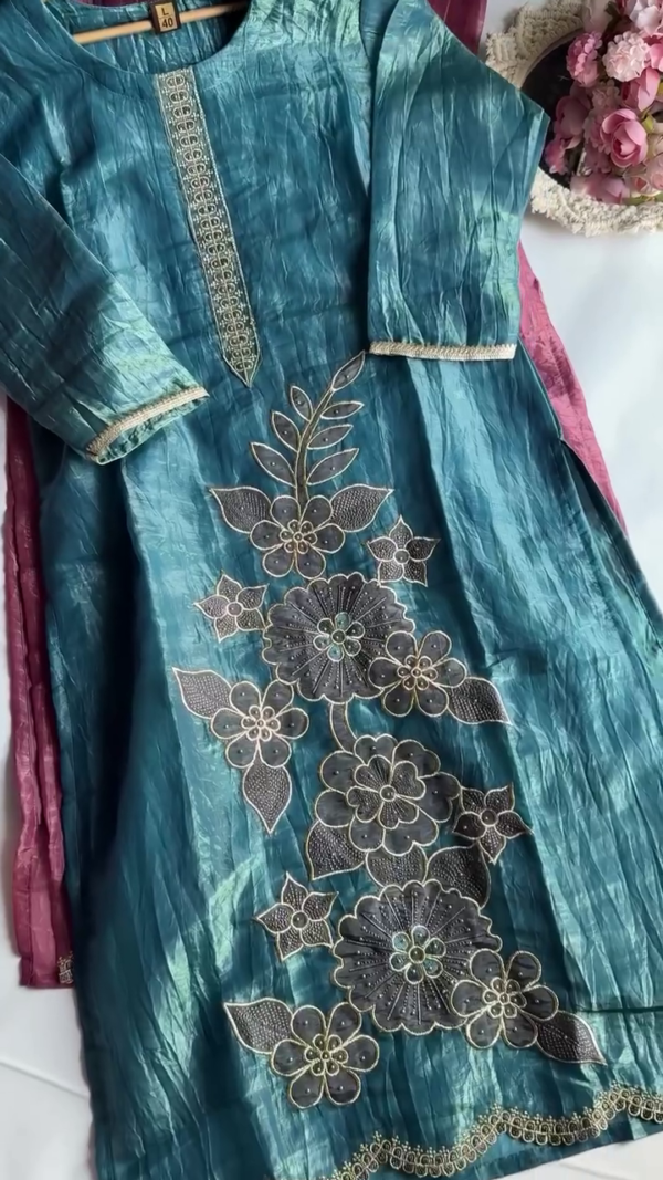 Rich Mauve Silk Kurta Set with Intricate Thread and Sequin Floral Embroidery, Lace Detailing & Matching Dupatta – Elegant Festive and Party Wear Ensemble for Women – Graceful Traditional Ethnic Outfit - Image 3