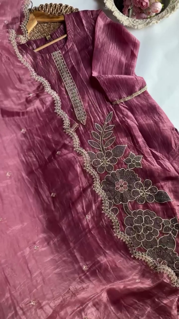 Rich Mauve Silk Kurta Set with Intricate Thread and Sequin Floral Embroidery, Lace Detailing & Matching Dupatta – Elegant Festive and Party Wear Ensemble for Women – Graceful Traditional Ethnic Outfit - Image 2