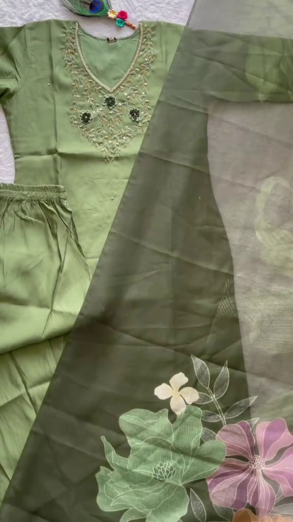 Pastel Green Embroidered Kurta Set with Soft Floral Organza Dupatta – Subtle & Elegant Look - Image 2