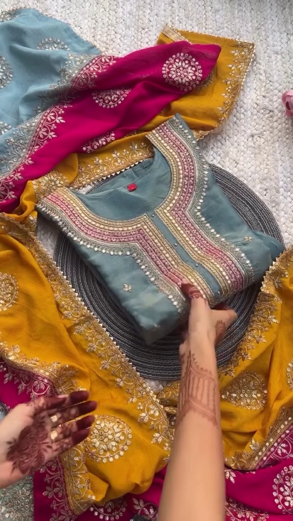 Pastel Blue Silk Kurta Set with Intricate Gota and Mirror Embroidery Paired with Dual-Tone Banarasi Dupatta – Festive & Wedding Wear Ethnic Ensemble for Women – Elegant Traditional Outfit