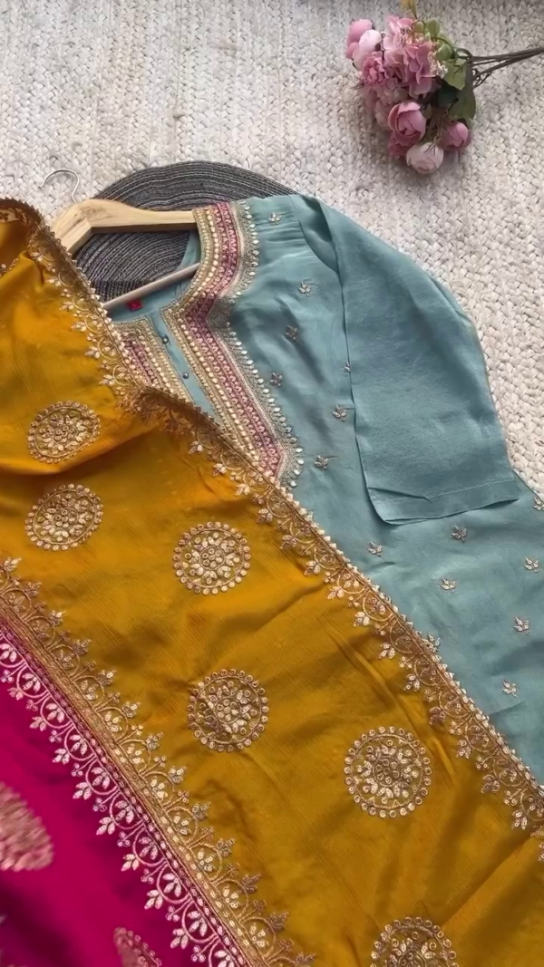 Pastel Blue Silk Kurta Set with Intricate Gota and Mirror Embroidery Paired with Dual-Tone Banarasi Dupatta – Festive & Wedding Wear Ethnic Ensemble for Women – Elegant Traditional Outfit - Image 2