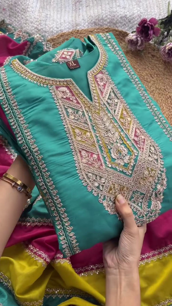 Teal Blue Silk Kurta with Multicolor Heavy Embroidered Neckline and Mustard Banarasi Dupatta – Traditional Festive Wear Suit Set for Women – Elegant Ethnic Ensemble for Weddings & Celebrations