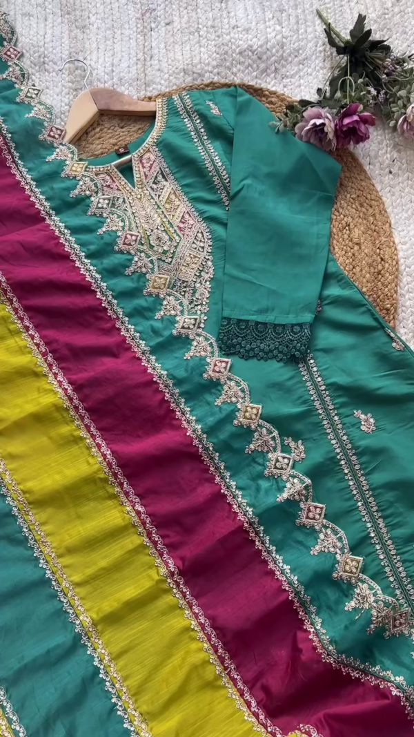Teal Blue Silk Kurta with Multicolor Heavy Embroidered Neckline and Mustard Banarasi Dupatta – Traditional Festive Wear Suit Set for Women – Elegant Ethnic Ensemble for Weddings & Celebrations - Image 2