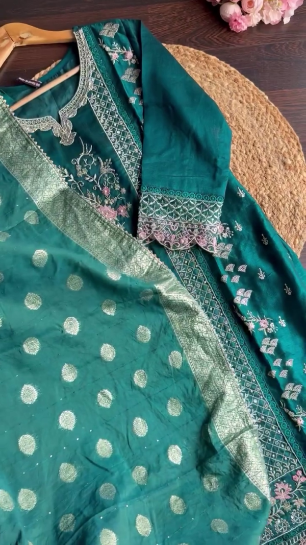 Teal Green Ethnic Kurta Set with Pastel Thread and Zari Embroidery Paired with Banarasi Polka Dot Dupatta – Elegant Traditional Festive & Wedding Wear Ensemble for Women - Image 2