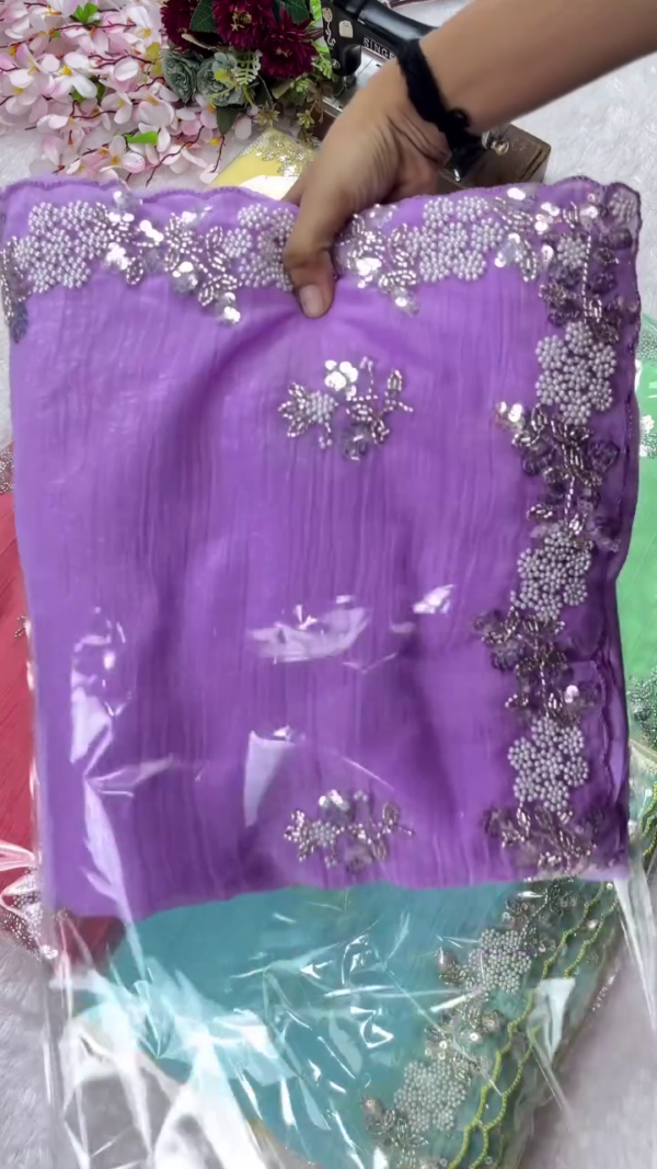 Embroidered Organza Saree Collection – Soft Net Sarees in Vibrant Shades with Intricate Pearl and Sequin Work, Perfect for Festive, Party, and Wedding Wear – Lightweight & Ready-to-Stitch Fabric Set for Modern Ethnic Style