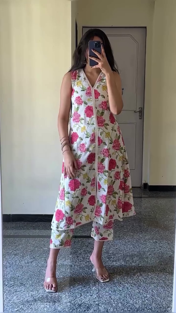 Sleeveless and Three-Quarter Sleeve Ethnic Kurta Sets Combo – Stylish Floral and Traditional Printed Straight-Cut Kurti with Matching Pants, Featuring Elegant Necklines, Lace Detailing, and Comfortable Cotton Fabric – Perfect for Summer Wear, Office, or Casual Outings