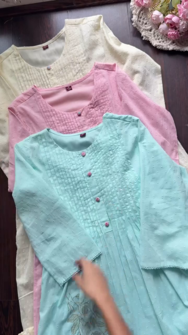 Elegant Soft Cotton Embroidered Kurta Set for Women with Pintuck Detailing, Subtle Dot Texture, Floral Thread Work and Matching Dupatta – Available in Pastel Pink, Aqua Blue and Cream Shades for Festive, Ethnic or Daily Wear - Image 2