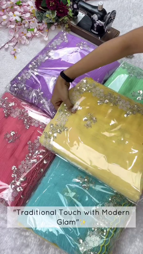 Embroidered Organza Saree Collection – Soft Net Sarees in Vibrant Shades with Intricate Pearl and Sequin Work, Perfect for Festive, Party, and Wedding Wear – Lightweight & Ready-to-Stitch Fabric Set for Modern Ethnic Style - Image 2