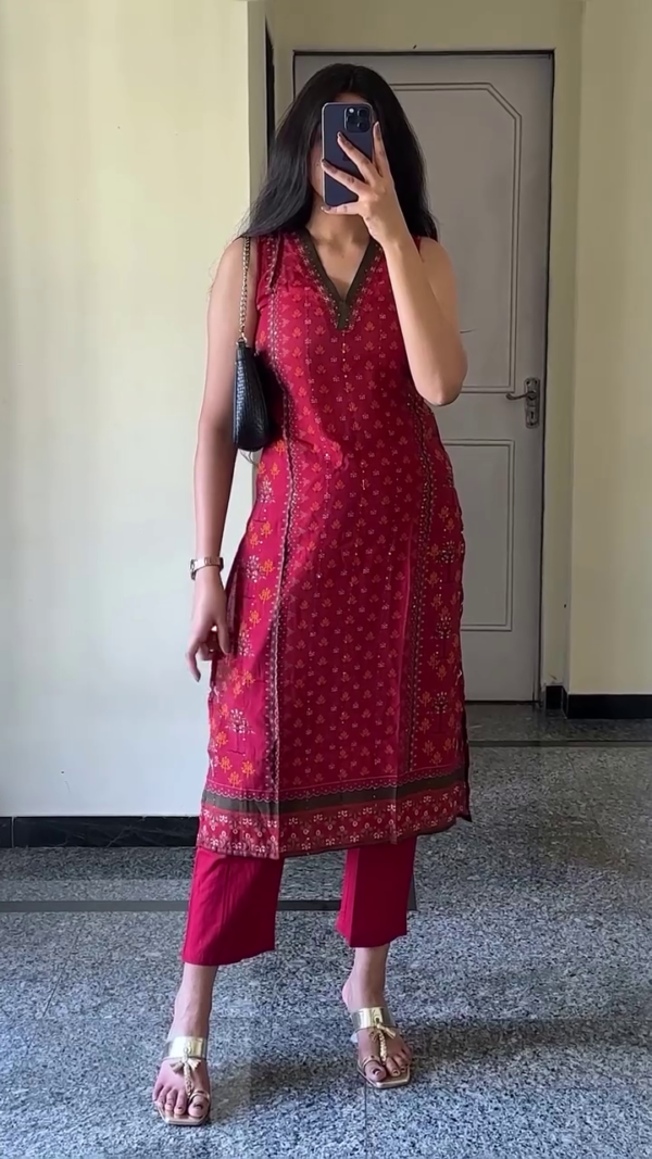 Sleeveless and Three-Quarter Sleeve Ethnic Kurta Sets Combo – Stylish Floral and Traditional Printed Straight-Cut Kurti with Matching Pants, Featuring Elegant Necklines, Lace Detailing, and Comfortable Cotton Fabric – Perfect for Summer Wear, Office, or Casual Outings - Image 2