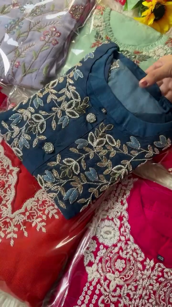 Elegant Collection of Designer Embroidered Kurtis in Rich Shades – Featuring Intricate Thread, Sequin, and Bead Work on Soft Fabrics with Floral, Leaf, and Traditional Motifs – Perfect for Festive Wear, Ethnic Celebrations, and Special Occasions - Image 2