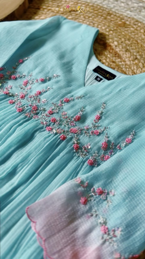 Pastel Blue Pleated Girls Dress with Delicate Pink Floral Embroidery and Ombre Sleeves – Soft Cotton Blend Festive and Casual Wear by Chempakam - Image 2
