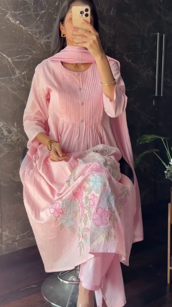 Elegant Soft Cotton Embroidered Kurta Set for Women with Pintuck Detailing, Subtle Dot Texture, Floral Thread Work and Matching Dupatta – Available in Pastel Pink, Aqua Blue and Cream Shades for Festive, Ethnic or Daily Wear - Image 3