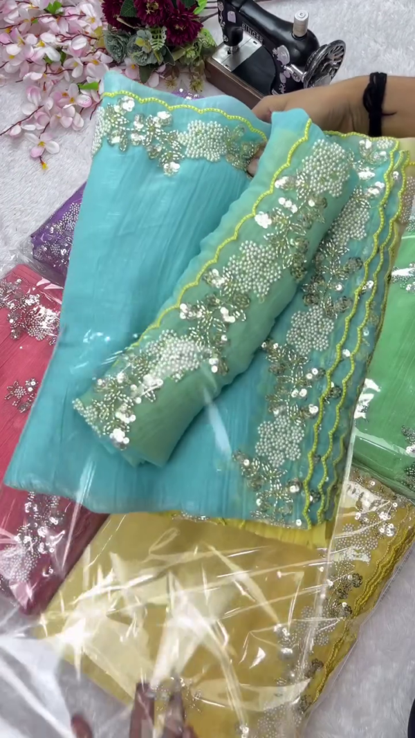 Embroidered Organza Saree Collection – Soft Net Sarees in Vibrant Shades with Intricate Pearl and Sequin Work, Perfect for Festive, Party, and Wedding Wear – Lightweight & Ready-to-Stitch Fabric Set for Modern Ethnic Style - Image 4