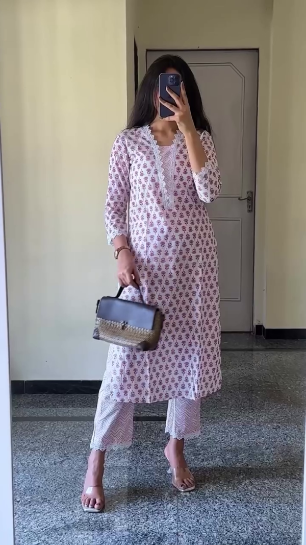 Sleeveless and Three-Quarter Sleeve Ethnic Kurta Sets Combo – Stylish Floral and Traditional Printed Straight-Cut Kurti with Matching Pants, Featuring Elegant Necklines, Lace Detailing, and Comfortable Cotton Fabric – Perfect for Summer Wear, Office, or Casual Outings - Image 4