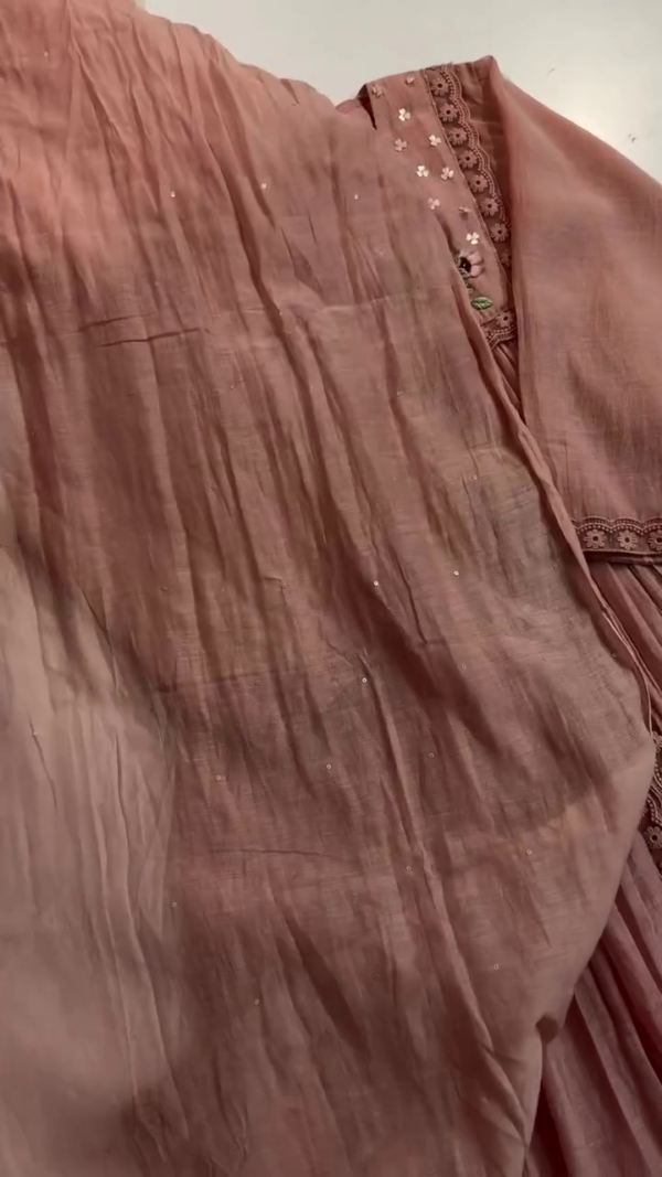 Dusty Rose Cotton Kurta Set with Floral Embroidered Yoke, Lace Detailing, Matching Pants and Lightweight Dupatta – Perfect for Festive and Casual Wear - Image 3