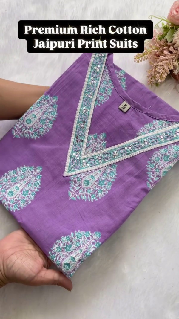 Premium Rich Cotton Jaipuri Print Unstitched Suit Sets with Traditional Handblock Designs and Elegant Embellished Neckline Patterns for Everyday and Festive Wear - Image 3