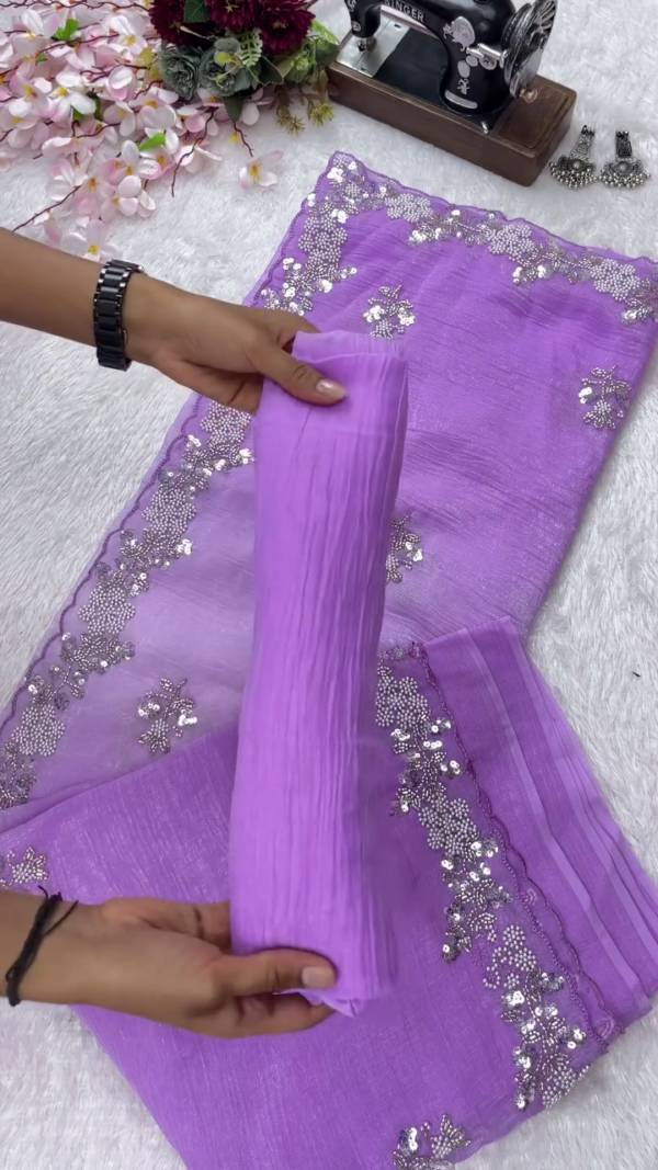 Embroidered Organza Saree Collection – Soft Net Sarees in Vibrant Shades with Intricate Pearl and Sequin Work, Perfect for Festive, Party, and Wedding Wear – Lightweight & Ready-to-Stitch Fabric Set for Modern Ethnic Style - Image 3