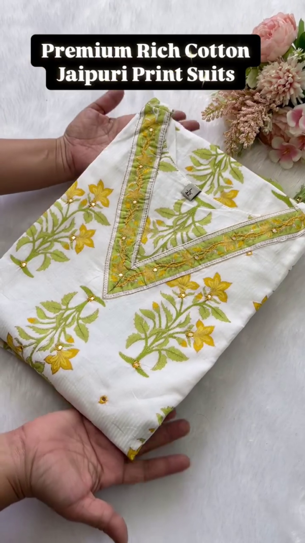 Premium Rich Cotton Jaipuri Print Unstitched Suit Sets with Traditional Handblock Designs and Elegant Embellished Neckline Patterns for Everyday and Festive Wear - Image 4