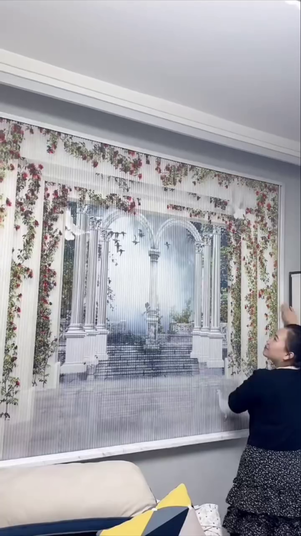 Luxury 3D Wall Mural Curtain with Classical Roman Archway and Climbing Rose Design – Elegant Privacy Divider and Decorative Window Treatment for Living Room, Bedroom, or Office Interior Décor