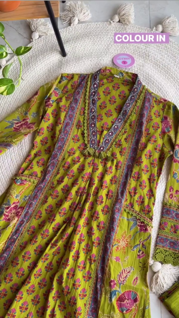 Handcrafted Lime Green Floral Block Print Cotton Kurta Set with Gota Detailing, Mirror Work Neckline, Tassel Tie-Up and Matching Dupatta for Ethnic Festive or Casual Wear