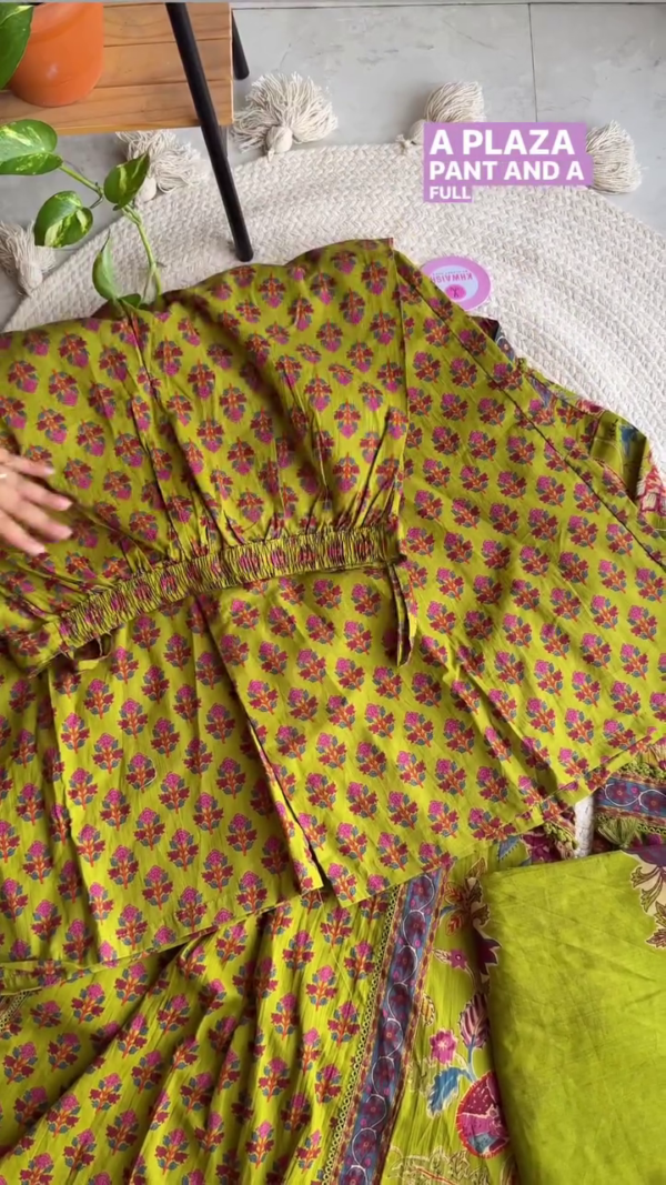 Handcrafted Lime Green Floral Block Print Cotton Kurta Set with Gota Detailing, Mirror Work Neckline, Tassel Tie-Up and Matching Dupatta for Ethnic Festive or Casual Wear - Image 3