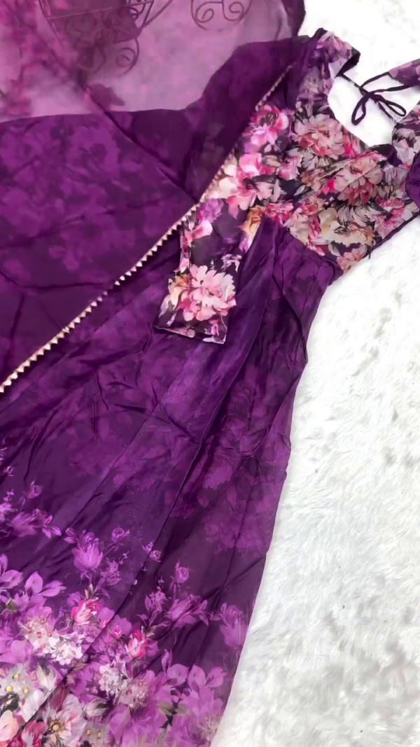 Elegant Floral Printed Organza Anarkali Suit Set with Matching Dupatta and Sleeveless Tie-Back Blouse – Available in Soft Pink, Black, and Teal Shades – Lightweight Festive Wear for Parties, Weddings, and Special Occasions - Image 2