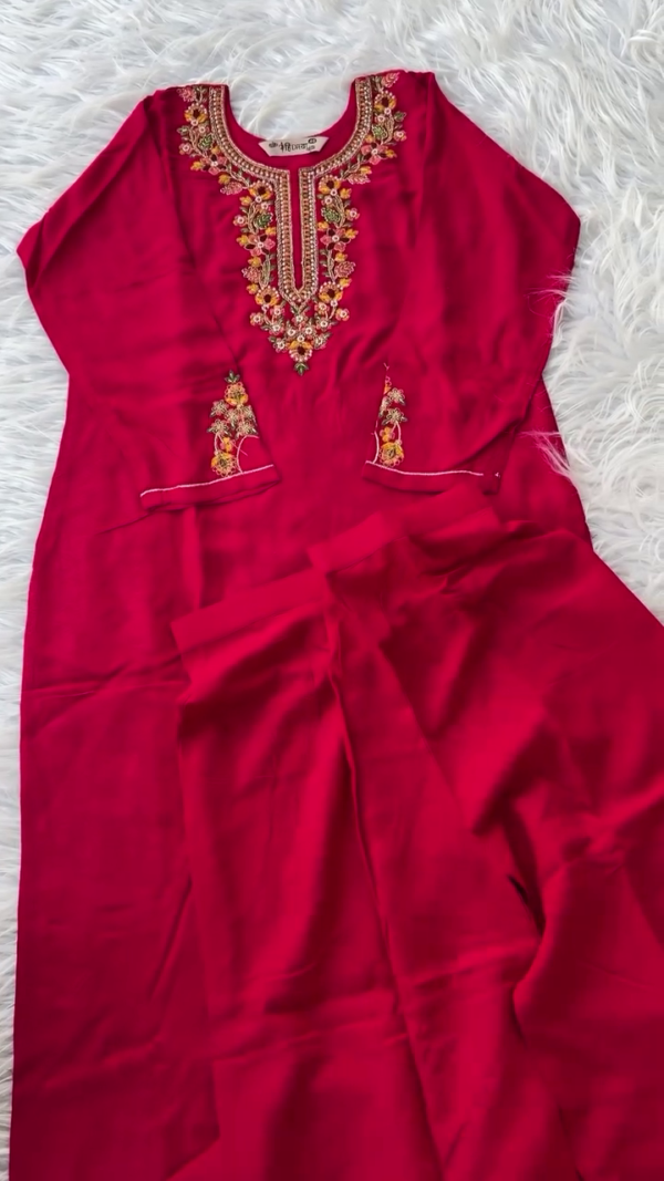 Maroon Embroidered Kurta Set with Intricate Floral Thread Work Paired with a Contrasting Green Chiffon Dupatta Featuring Rich Zari Border – Perfect for Festive and Traditional Occasions - Image 3