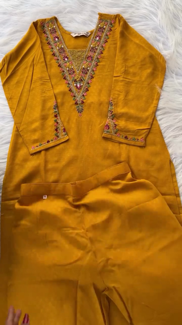 mustard yellow embroidered straight cut suit with intricate floral thread work on neckline and sleeves paired with matching bottoms and rich maroon Banarasi silk dupatta featuring traditional zari motifs and detailed border work - Image 3